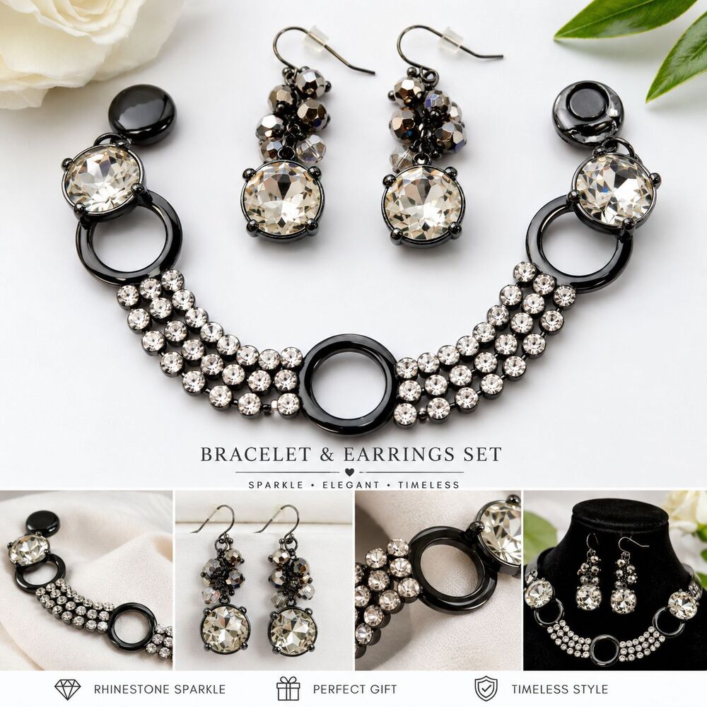 Gunmetal Gray Rhinestone Magnetic Clasp Bracelet Dangle Earrings Set 2pc Vintage